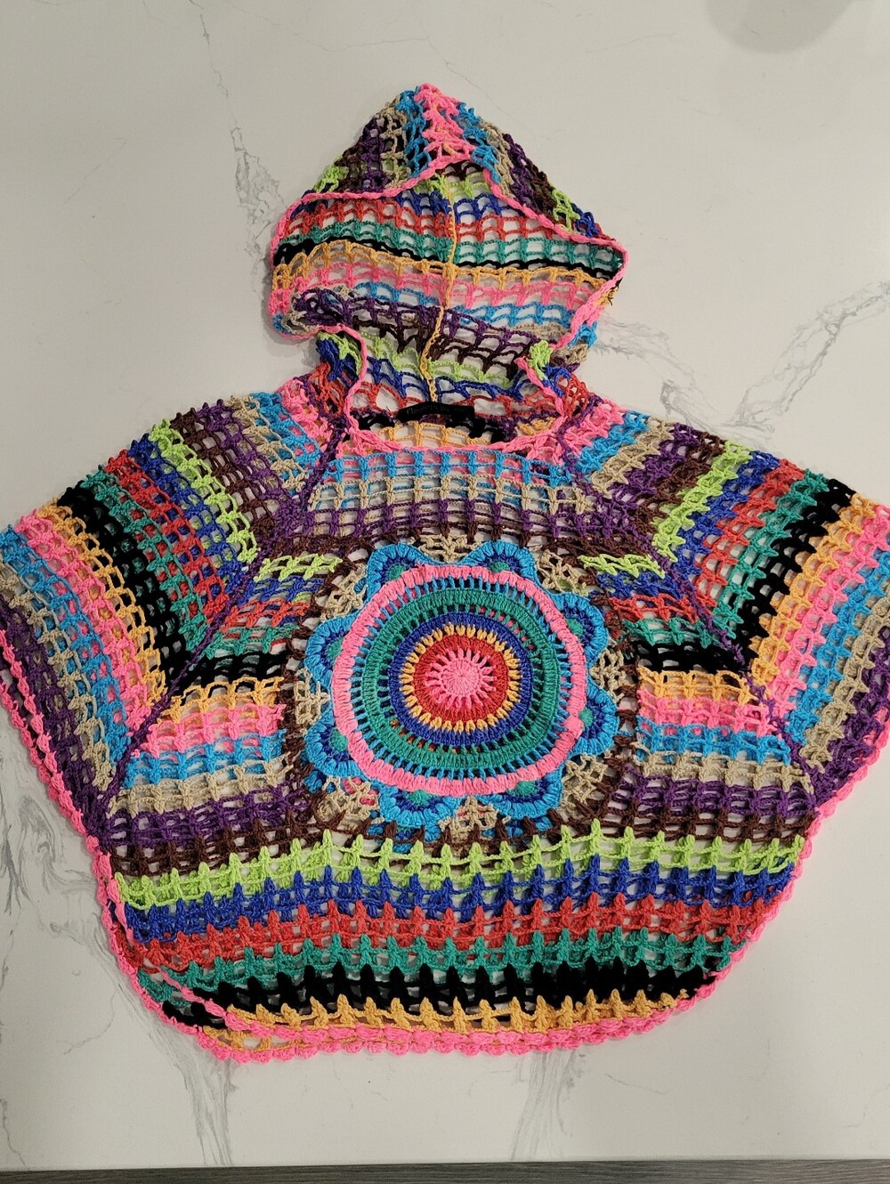 Bohemian Rainbow Crochet Hooded Poncho Girls Size 9-11